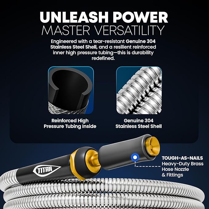 TITAN Garden Hose 30FT - 304 Stainless Steel Metal Water Hose, Flexible, Kink-Free, Lightweight, Durable, Crush Resistant Fittings, Easy to Coil, 500 PSI