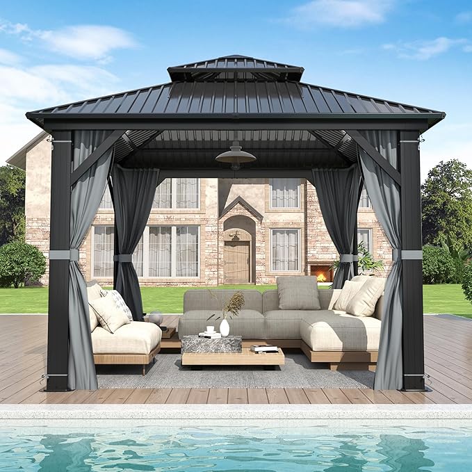 GARTOO 9.5x9.5FT Outdoor Hardtop Gazebo with Double Roof - Aluminum Heavy-Duty Steel Top Gazebo with Breathable Netting & Privacy Curtain for Patio, Porch, Garden, Lawn, Deck, Backyard
