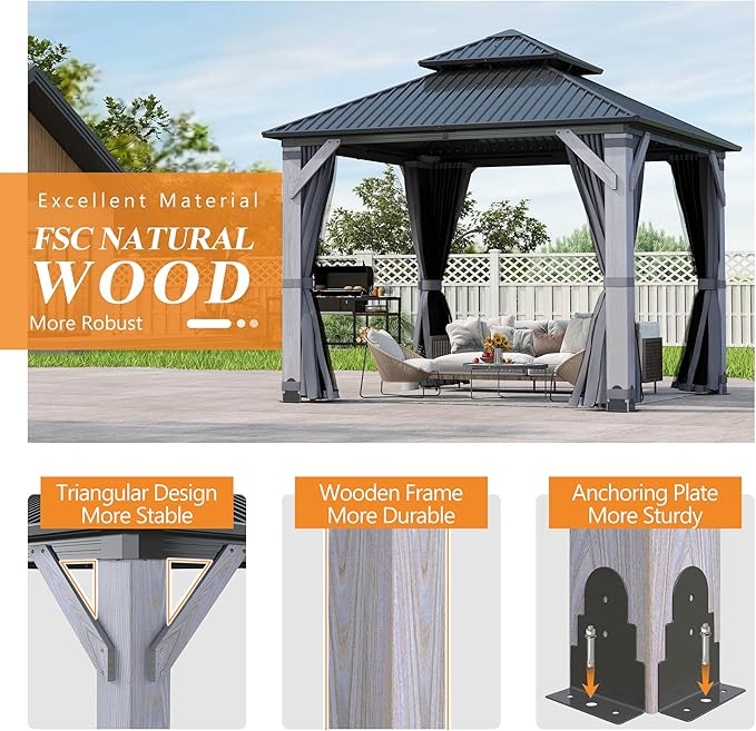 GARTOO 10' x 10' Outdoor Wood Gazebo - Permanent Wooden Hardtop Gazebo Pavilion with Double Curtains, Galvanized Steel Roof Cedar Wood Gazebos for Garden, Backyard Deck, Lawn, Poolside