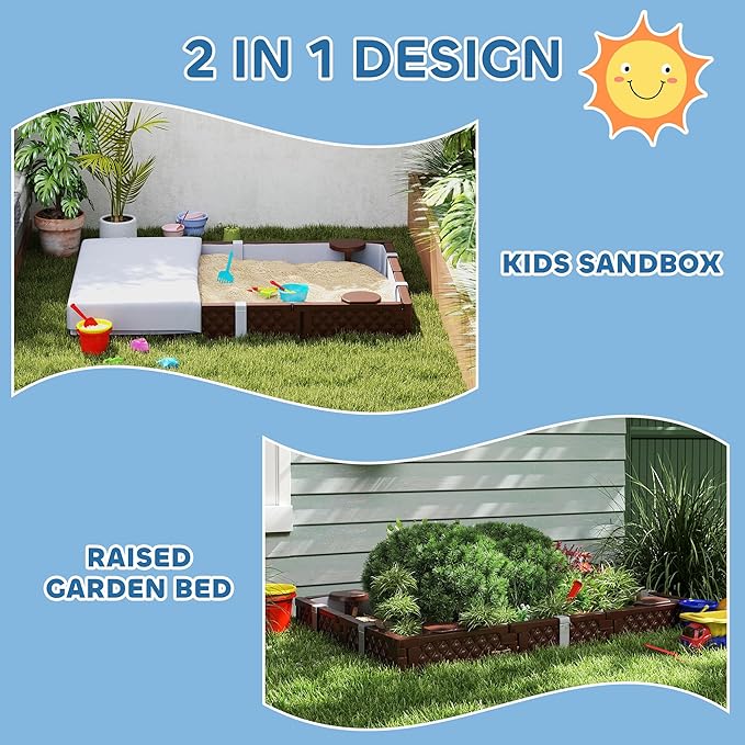 Qaba Kids Sandbox with Cover, Rectangular 73 HDPE Large Sand Pit with 4 Seats, Waterproof Bottom Liner, Weather Resistant Outdoor Sand Box for Backyard, Lawn, Garden, Beach, Patio, Brown