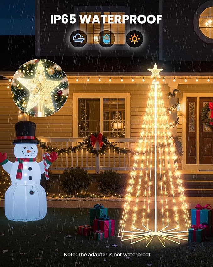 LED Christmas Cone Tree Light with Star Topper, 6ft 265 LED Outdoor Lightshow Christmas Tree with 8 Modes Timer Remote, Dimmable Artificial Tree for Porch Yard Patio Indoor Decorations, Warm White