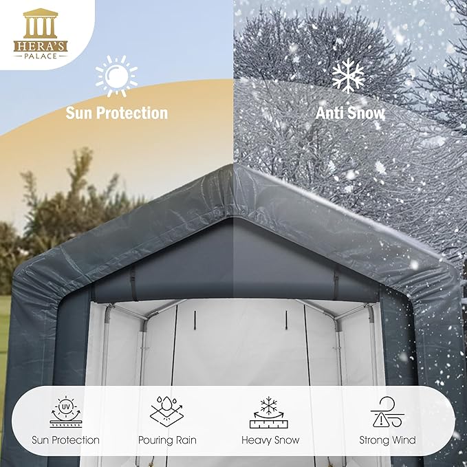 HERA'S PALACE 8x12ft Heavy Duty Carport Outdoor Patio Anti-Snow Portable Canopy Storage Shelter Shed with 2 Doors Garage Kit Tent for Motorcycle Garden Tools