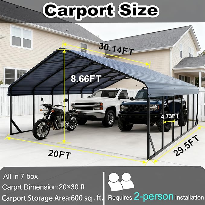 20'x30' Heavy Duty Metal Carport 20x30 FT Galvanized Steel Frame RV Carport Storage All Weather Shelter Easy Assembly for 4 Car Extra Large Canopy for Dual Vehicle Boat Protection Garage