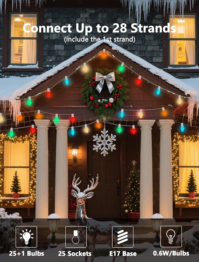 25Ft C9 LED Christmas Lights Outdoor, Vintage Christmas String Light Plug in with 26 Shatterproof C9 Multicolor Bulbs Christmas Decorations Lights for Christmas Tree Patio Roofline Party, White Wire