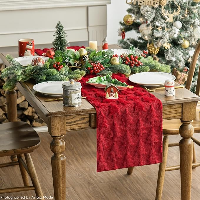Artoid Mode Christmas Trees Red Soft Plush Faux Fur Jacquard Christmas Table Runner, Holiday Kitchen Dining Table Decoration for Home Party Decor 13x36 Inch