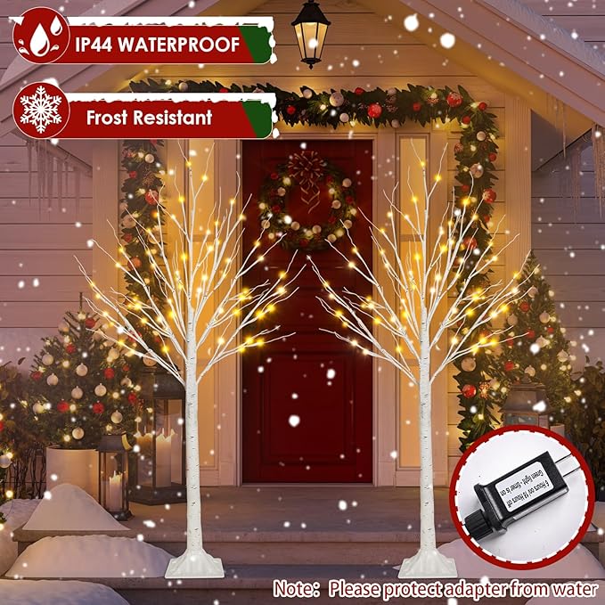 2-Pack 4FT Lighted Birch Tree for Indoor Christmas Decorations Outdoor, Higher Size, Timer Function Birch Christmas Tree with 96 LED Warm White Lights for Home Decor Bedroom Thanksgiving Party Garden