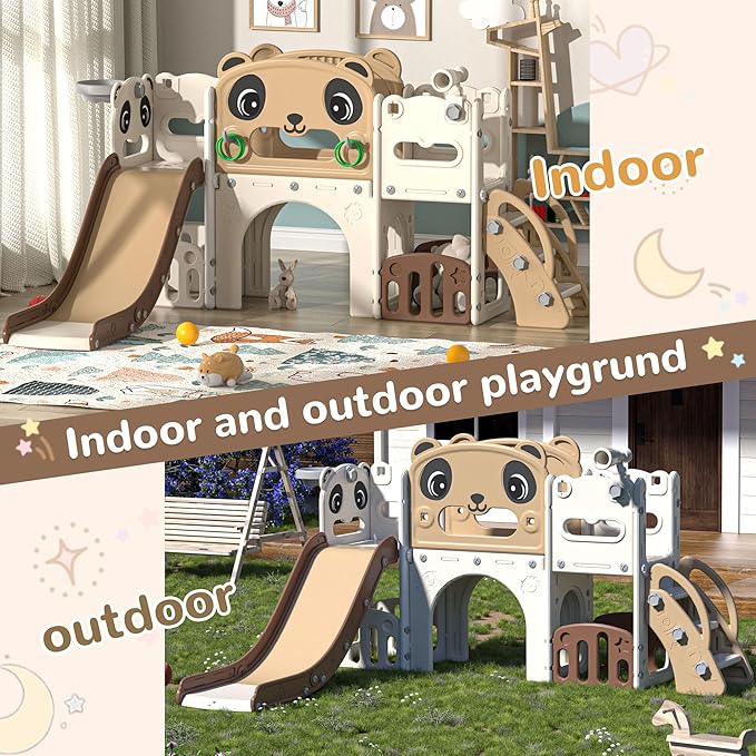 9-in-1 Toddler Slide and Climber Set Indoor Outdoor Slide Playset for Kids Age 1-8, Freestanding Backyard Playground with RNG Toss, Basketball Hoop,Telescope, Storage Space