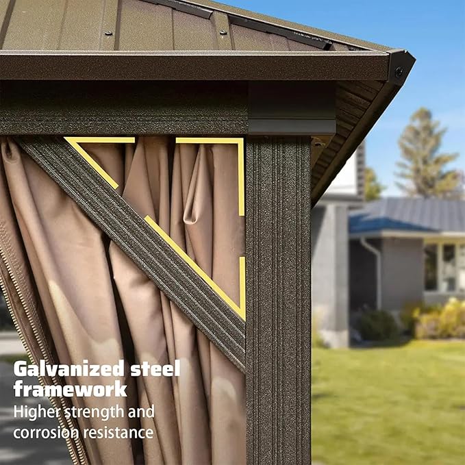 Domi Hardtop Gazebos 12x14FT, Aluminum Metal Gazebo with Galvanized Steel Double Roof Canopy, Curtain and Netting, Permanent Gazebo Pavilion for Patio, Backyard, Deck and Lawn, Brown
