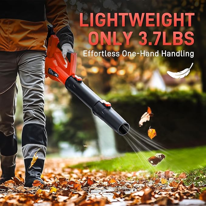 Leaf Blower Cordless, 500 CFM 21V Electric Cordless Leaf Blower with 4.0Ah Battery and Charger, Lightweight, 6 Speed Modes, for Lawn Care, Patio, Blowing Leaves and Dust (Red)