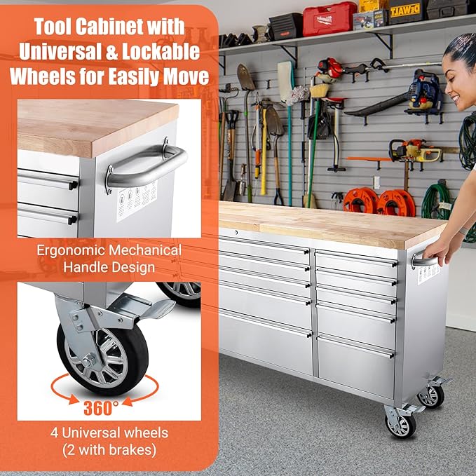 Heavy Duty 72-Inch Rolling Tool Chest with 15 Drawers & Rubber Wood Top, Stainless Steel Mobile Workbench Cabinet, Lockable Drawers & Casters for Garage, Workshop - Silver Finish