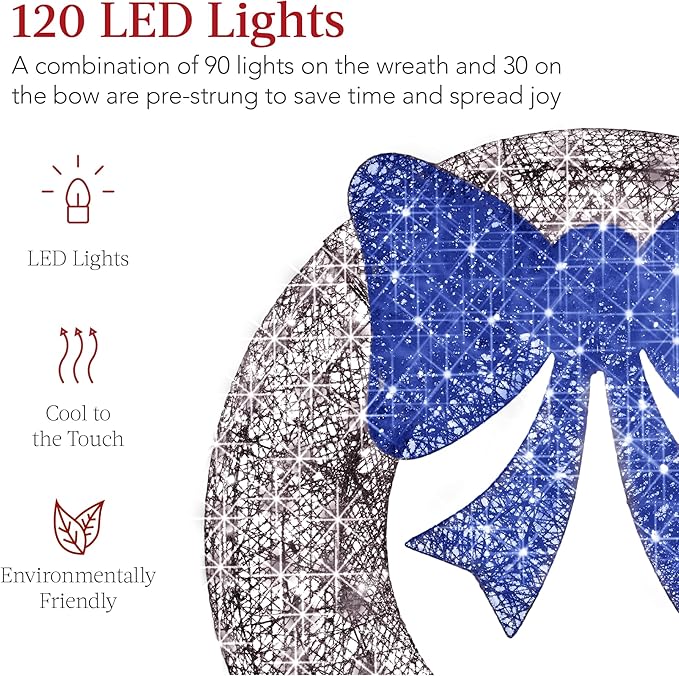 Best Choice Products 36in Pre-Lit Outdoor Christmas Wreath Decoration, LED Metal Holiday Decor for Home w/ 120 Lights, Bow - Hanukkah Silver/Blue
