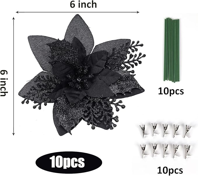 RECUTMS Christmas Tree Ornaments 10Pcs Glitter Poinsettia,Artificial Poinsettia Flowers Xmas Tree Ornaments 6" Wide for Xmas Tree Wreaths Garland Holiday Seasonal Wedding Decorations(Black)