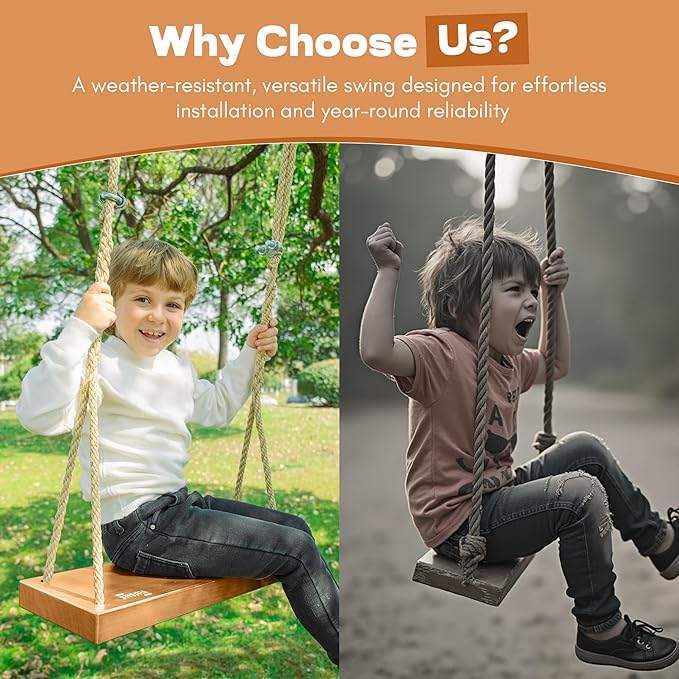 Outdoor Wood Hanging Seat, 22" x 8" x 2" Cedar Wooden Tree Swing for Adults & Kids, 440+ lb Capacity, Adjustable 5-7 ft Rope, Classic Heavy Duty Tree Swing for Backyard & Porch
