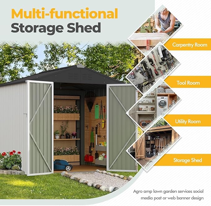 Furniwell 6x8 FT Outdoor Storage Shed, Metal Garden Sheds Outdoor Storage House with Single Lockable Door for Backyard Patio Lawn, White