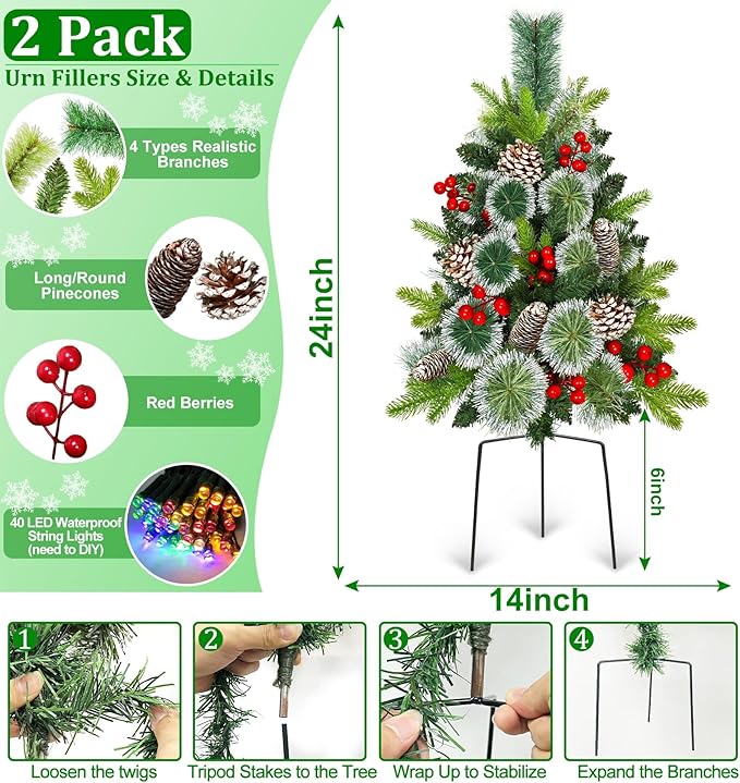 2 Pack Outdoor Christmas Tree Urn Fillers with 40 Warm & Colorful Change Lights, 8 Modes Timer, Pinecones Red Berries Decorations, Battery Operated for Holiday Planters Yard Porch Pathway Xmas Decor
