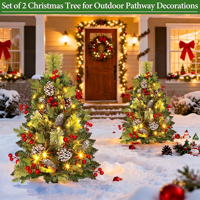 33" 2 Pack Outdoor Christmas Tree Urn Fillers 8 Modes Timer Battery Operated Christmas Decorations Outdoor Indoor Pinecones Berries Tripod Stakes Yard Porch Lawn