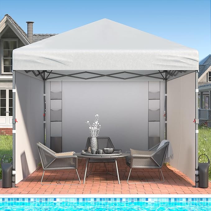 10X10 Comercial Pop Up Canopy Tent with 4 Sidewalls and 6 Pockets, One Push Setup Center Lock, for Beach Patio Outdoor, Case, 8 Stakes, 4 Ropes, 4 Sandbags (Snow White)