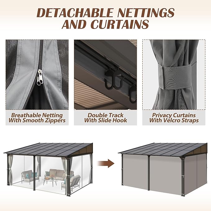 12x14FT Outdoor Wall-Mounted Hardtop Gazebo, Aluminum Frame Lean to Gazebo with Polycarbonate Roof and Curtains for Patio, Garden, Deck