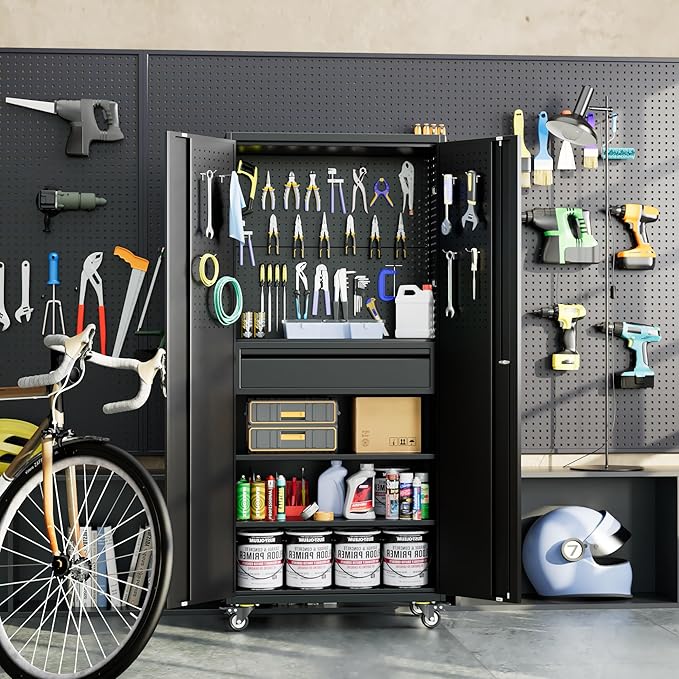 Aobabo 71 H Metal Storage Cabinet with Wheels with 5 Pegboards and 1 Drawer,Lockable Steel Tool Cabinet for Garage,Warehouse,Assembly Required,Black