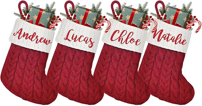 Mini Custom Christmas Stockings with Names - 6" W x 7" L Burgundy Red Personalized Christmas Stockings, Kids Family Small Knitted Xmas Stocking for Fireplace Decoration, 4 Pack