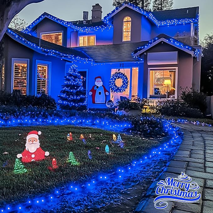 JMEXSUSS 200 LED Blue Christmas Lights Outdoor, Expandable 66ft Christmas String Lights Green Wire, 8 Modes Twinkle Xmas Tree Light Plug in for Party Indoor Ceiling Beroom Patio Fence Yard Decor