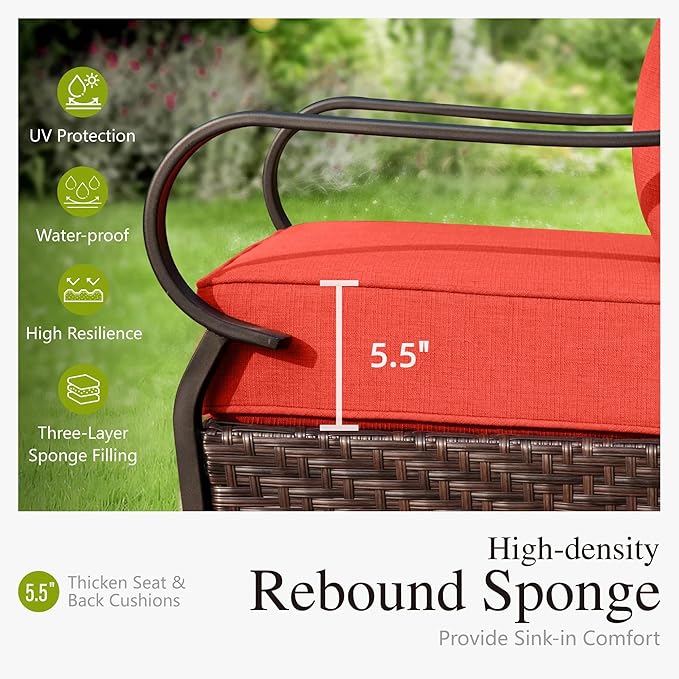 Sophia & William Patio Furniture Set, 5PCS Metal Outdoor Conversation Set with 3-Seater Outdoor Couch, 2 Sofa Chairs, 1 Loveseat,1 Coffee Table for Outdoor Seating, Backyard, Porch(Red)