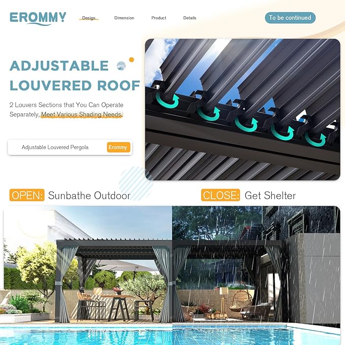 EROMMY Louvered Pergola 10' x 20' Outdoor Hard Top Pergola with Aluminum Frame and Adjustable Metal Rainproof Roof for Garden & Patio, Curtains and Netting Included, Gray-Black