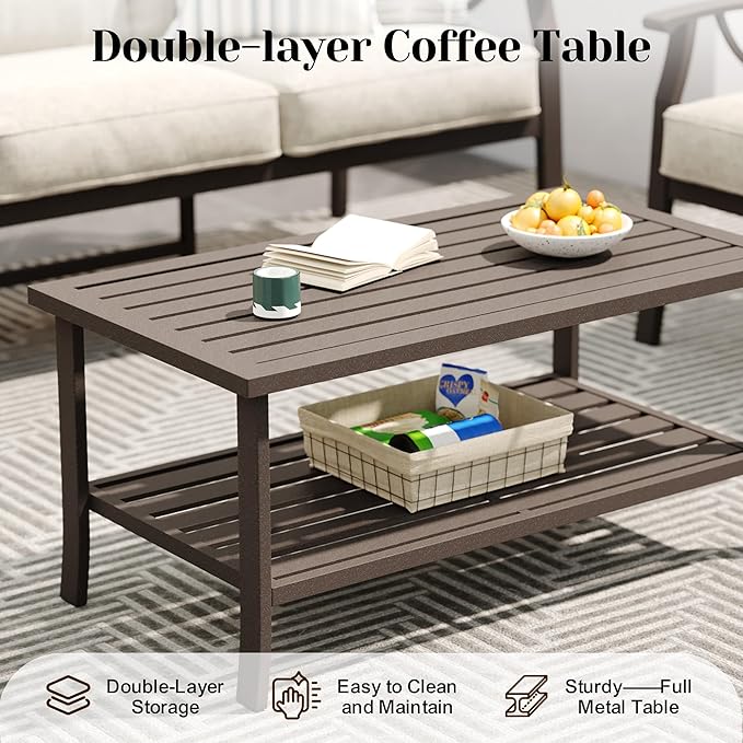 Outdoor Patio Furniture Set, 3 Pieces Metal Patio Conversation Set with Side Table for Porch Backyard Garden, Khaki