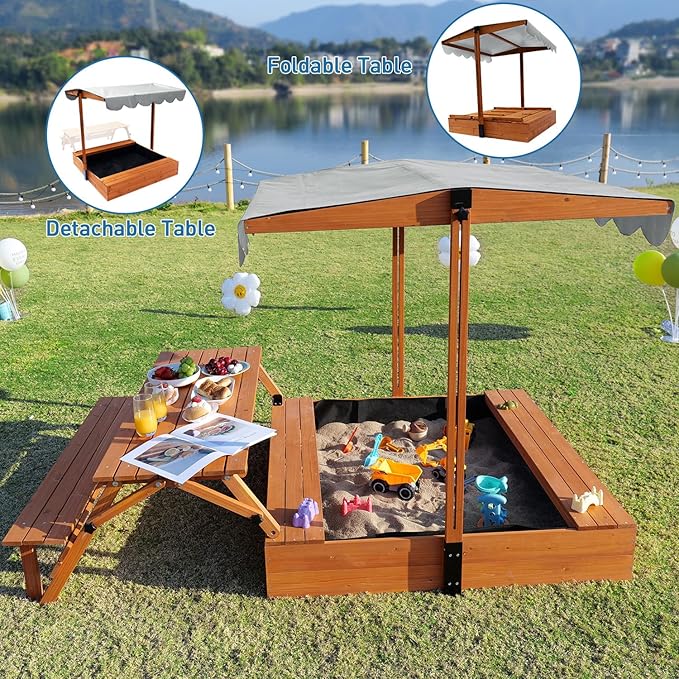 Wooden Kids Sandbox with Lid, Outdoor Sand Box with Picnic Table, Sandpit with Cover Canopy for Aged 3-8 Years Old, Adjustable Roof Bottom Liner