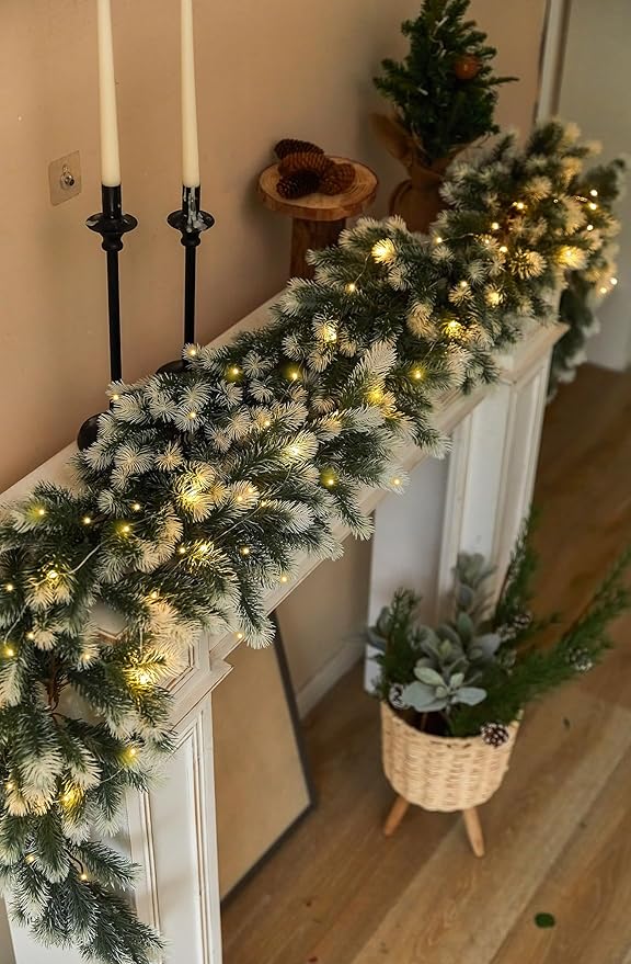 6FT PARTY JOY Seasonal Artificial Christmas Garland with LED String Lights Pine Needle Greenery Garland Holiday Outdoor Winter Decor