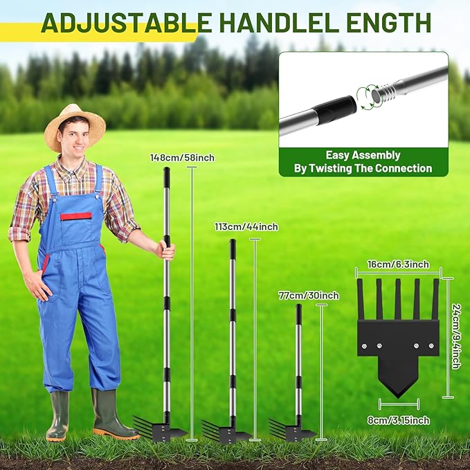 2-in-1 Heavy-Duty Weed Puller Tool with 5-Tine Rake ? 30 to 60 Adjustable Handle, Hoes for Gardening, Hoe Garden Tools for Loosening Soil, Planting, Weeding