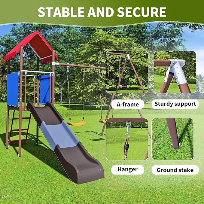 Beach Swing Set for Outdoor Playset with Slide, – Durable and Safe Outdoor Play Equipment with Swing Set and Belt Swings, Rock Climbing Ladder & Shaded Fort