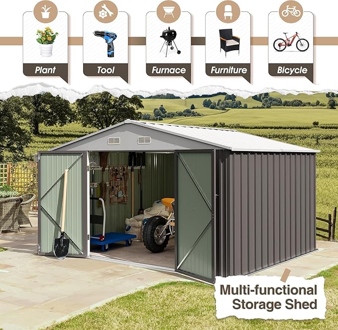 Furniwell 10x10 FT Outdoor Storage Shed, Metal Garden Sheds Outdoor Storage House with Single Lockable Door for Backyard Patio Lawn, Gray