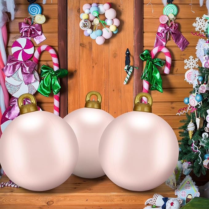 Jetec 8 Pcs Giant Inflatable Christmas Ball Large Xmas Inflatable Ornaments PVC Outdoor Holiday Blow Ball Outside Yard Lawn Porch Decorations (Solid,Light Pink)