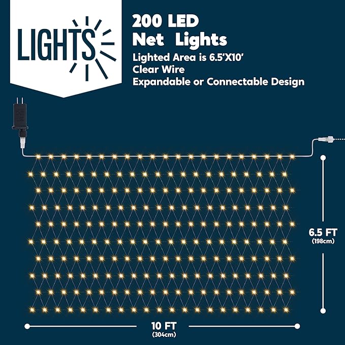 JOYIN 200 LED Christmas Net Lights, 6.5X 10FT Christmas Mesh Lights with 8 Modes, Connectable, Waterproof for Bushes Trees Yard Indoor Outdoor Xmas Decorations (Warm White)
