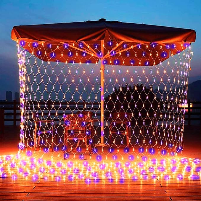Dazzle Bright Halloween 200 LED Net Lights, 9.8 FT x 6.6 FT Connectable Mesh Lights Clear Wire with 8 Lighting Modes, Halloween Decorations for Indoor Outdoor Bush Yard Garden Decor (Purple & Orange)