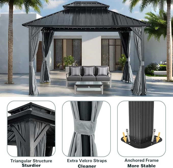 10x12FT Hardtop Gazebo with Double Roof, Aluminum Frame Outdoor Pavilion with Netting and Curtains for Patio, Backyard, Lawn (10 * 12FT)