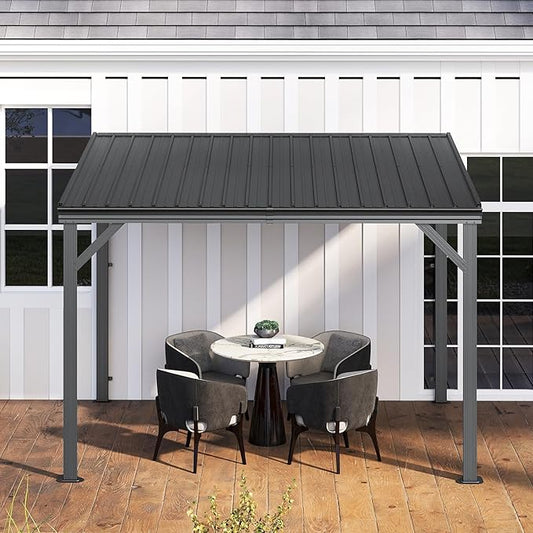 Domi 10'x10' Lean to Gazebo Hardtop, Expandable Wall Mounted Pergola with Gutters & Galvanized Steel Roof, 60MPH Wind Resistance, Outdoor Heavy Duty Metal Awning for Patio, Deck, Backyard - Grey