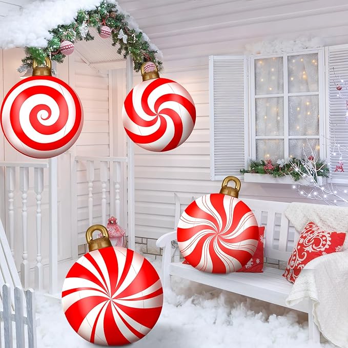 Jetec 4 Pcs Giant Inflatable Christmas Ball Large Xmas Inflatable Ornaments PVC Outdoor Holiday Blow Ball Outside Yard Lawn Porch Decorations (Candy,Red,White)