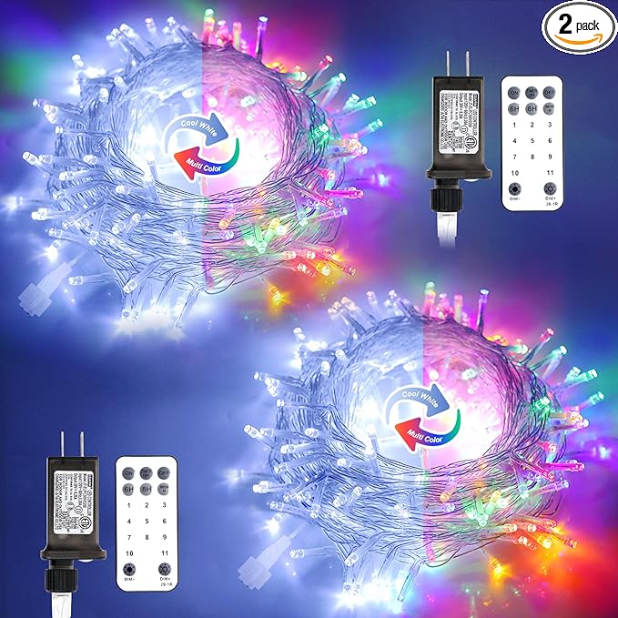 JMEXSUSS 2 Pack 100 LED Color Changing Christmas Lights Indoor, 33ft Cool White & Multicolor Christmas Lights Outdoor Waterproof, Clear Wire String Light Plug in for Xmas Tree Bedroom Decorations