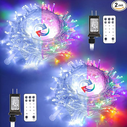 JMEXSUSS 2 Pack 100 LED Color Changing Christmas Lights Indoor, 33ft Cool White & Multicolor Christmas Lights Outdoor Waterproof, Clear Wire String Light Plug in for Xmas Tree Bedroom Decorations