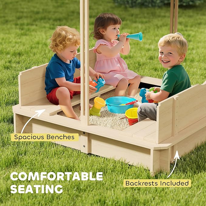 Outsunny Wooden Sandbox with Lid, Kids Sandbox with Canopy Outdoor, Sand Box with Foldable Bench Seats and Sand Protection, Bottom Liner Included, Kids Gift for Aged 3-7, 47X47 in, Natural