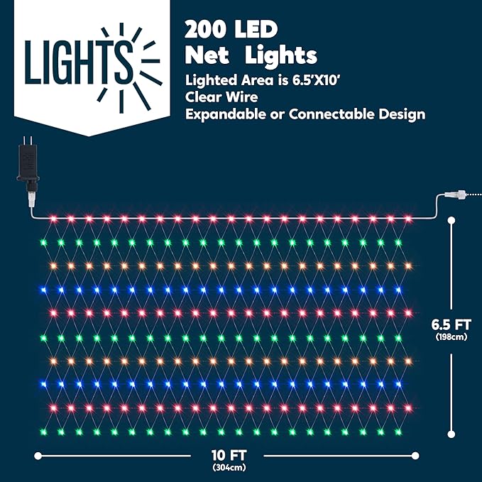 JOYIN 200 LED Christmas Net Lights, 6.5X 10FT Christmas Mesh Lights with 8 Modes, Connectable, Waterproof for Bushes Trees Yard Indoor Outdoor Xmas Decorations (Multicolor)