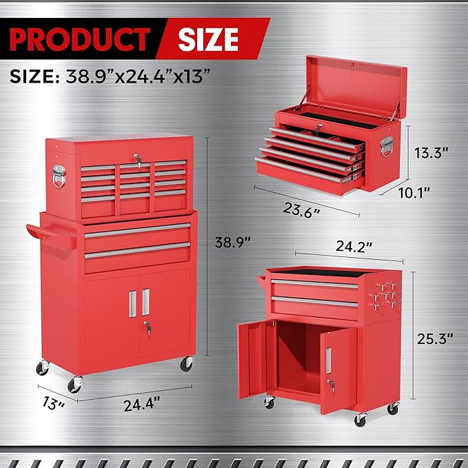 INTERGREAT 8 Rolling Drawers Tool Chest, Assembled Tool Chest with Wheels, Detachable Top Tool Box, Tool Cabinet for Repair Room,Warehouse, Rolling Tool Box with Hooks,Tray Divider,Liners(Red)