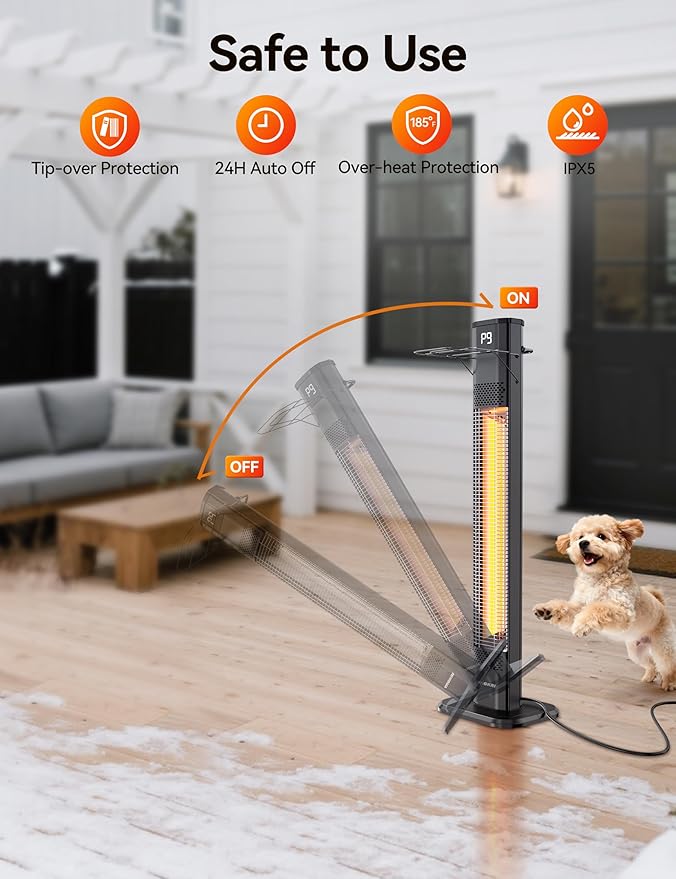 VAGKRI Outdoor Heaters, 1s Heating Carbon Infrared Patio Heaters With Remote, 9 Heat Levels, 24H Timer, IPX5 Waterproof, 42in Electric Space Heaters for Home, Office, Restaurant, Patio, and Garage