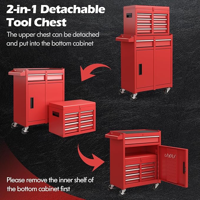 IRONMAX Rolling Tool Chest, 5-Drawer Lockable Tool Cabinet w/Adjustable Shelf & 4 Universal Wheels, 2 in 1 Detachable Tool Box Storage Organizer for Garage Workshop Repair Shop, Red