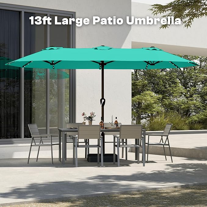 13FT Double-Sided Patio Umbrella with 48 Solar LED Lights, Large Rectangular Outdoor Market Umbrella with Crank Handle, Vented Canopy, Heavy-Duty 12 Rib Steel Frame, for Backyard, Garden, Pool, Turquoise Blue