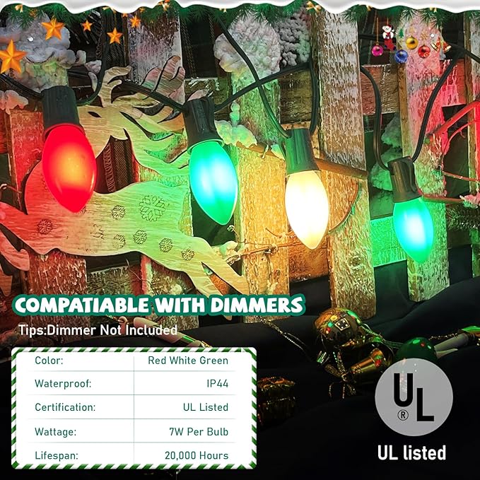 C9 Red White and Green Christmas Lights Outdoor, 25Ft Vintage Christmas String Lights with 26 Multicolor Ceramic Bulbs, Hanging Christmas Decorations Lights Waterproof for Holidays Roofline Party