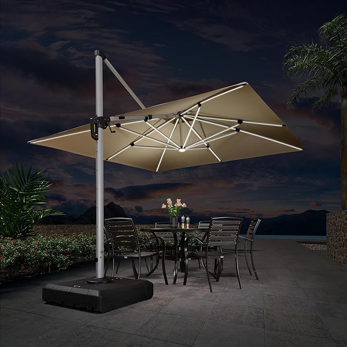 PURPLE LEAF 11 Feet Solar Powered LED Square Cantilever Umbrella With Base Patio Umbrellas Windproof Hanging Umbrella Outdoor Umbrellas Offset Umbrellas, Beige