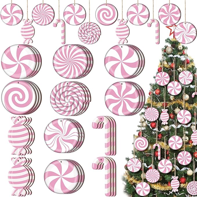Qunclay 36 Pieces Candy Cane Christmas Ornaments Wood Hanging Lollipop Ornaments Wood Cutouts Peppermint Christmas Decor for Xmas Tree Home Decoration Party Supplies